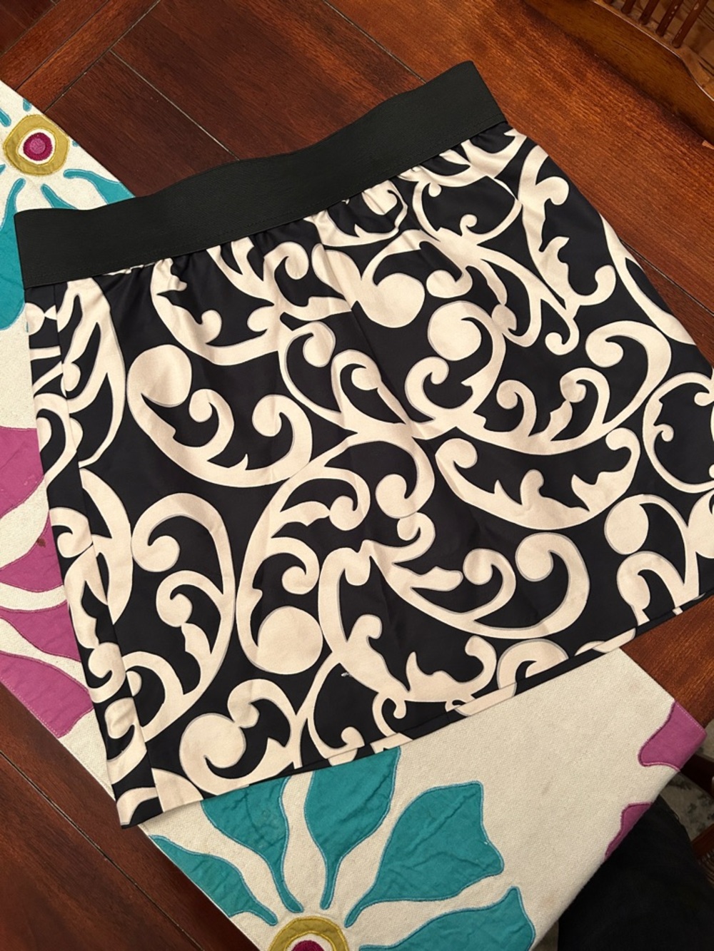 LOFT Black Mini Skirt with Cream Scroll Print